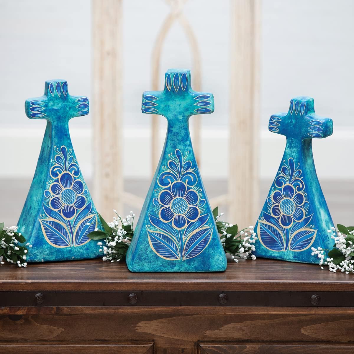 BLACK FOREST DECOR Flores Azules Clay Crosses - Set of 3, 6" W x 15" H