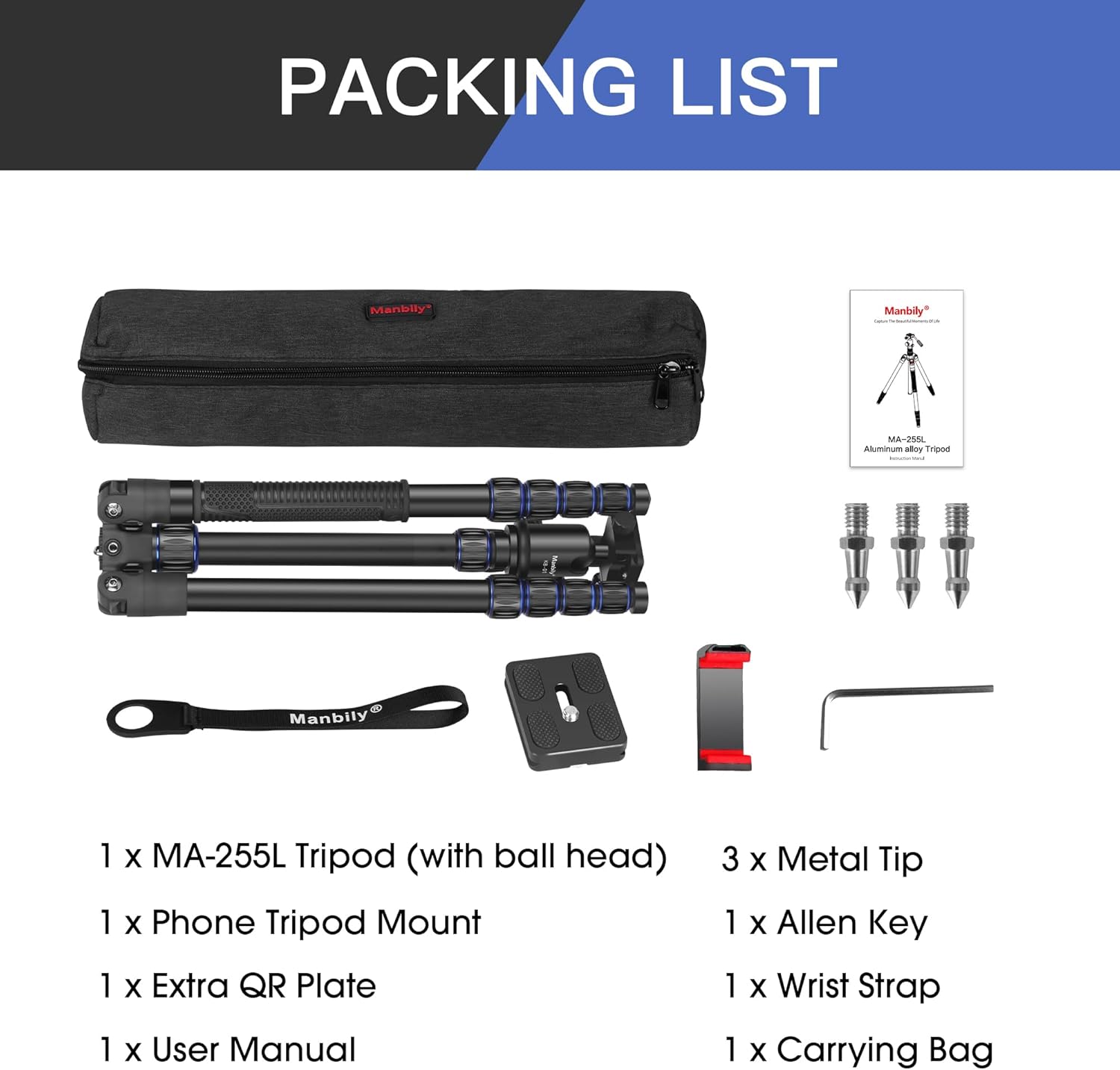 Camera Tripod, Manbily 74" Aluminum Travel Tripod Monopod Stand for Camera DSLR Phone, 360° Ball Head w Handle and Extra 1/4" QR Plate, Payload 17.6lbs, Compatible with Canon Nikon Sony