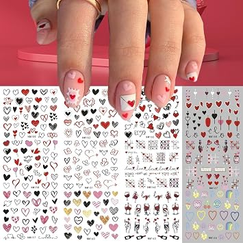 12 Sheets Valentines Day Nail Art Stickers Decals Heart Nail Decals Water Transfer Nail Art Supplies Romantic Couple Heart Print Design Nail Accessories for Women Girls Nail Decorations
