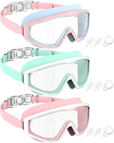 Vista 17 de NSSIW Gafas de natación para niños, antiniebla, sin fugas, con clip para la nariz, tapones para los oídos para niñas, niños y jóvenes, 6-14, paquete