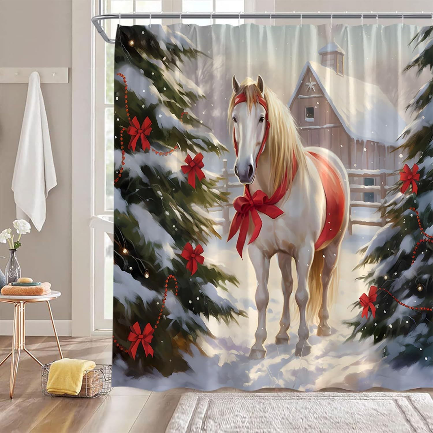 Christmas Horse Shower Curtain Rustic Farmhouse Barn Farm Animal Horse Xmas Pine Tree Snowflake Vintage Winter Holiday 70" Wx96 H Bathroom Decor Curtain with Hooks