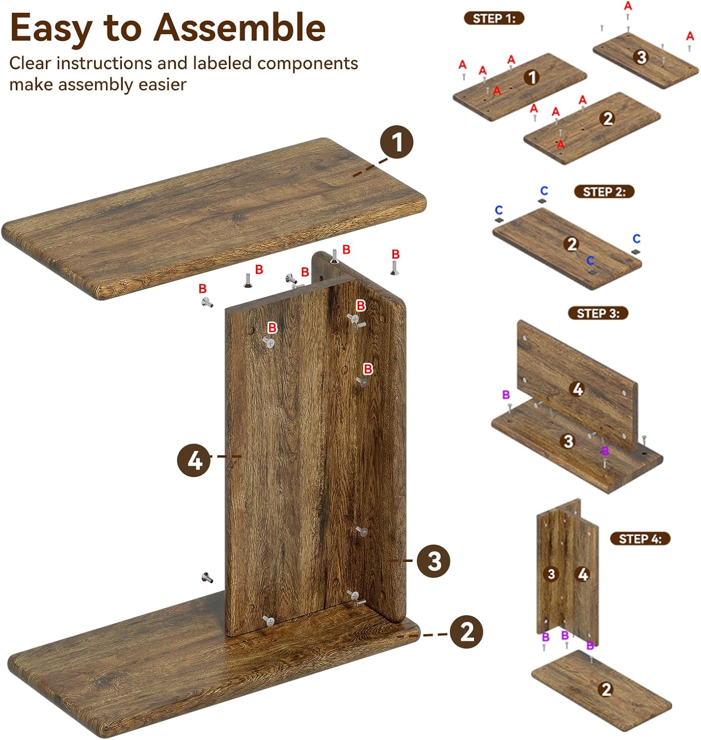 C-Shaped End Table for Couch, Small Side Table, Bedside Table for Sofa, Wooden Nightstand for Living Room Bedroom Laptop Work Desk, Easy Assembly, 23.6" D*11.8" W*23.6" H(Rustic Brown)