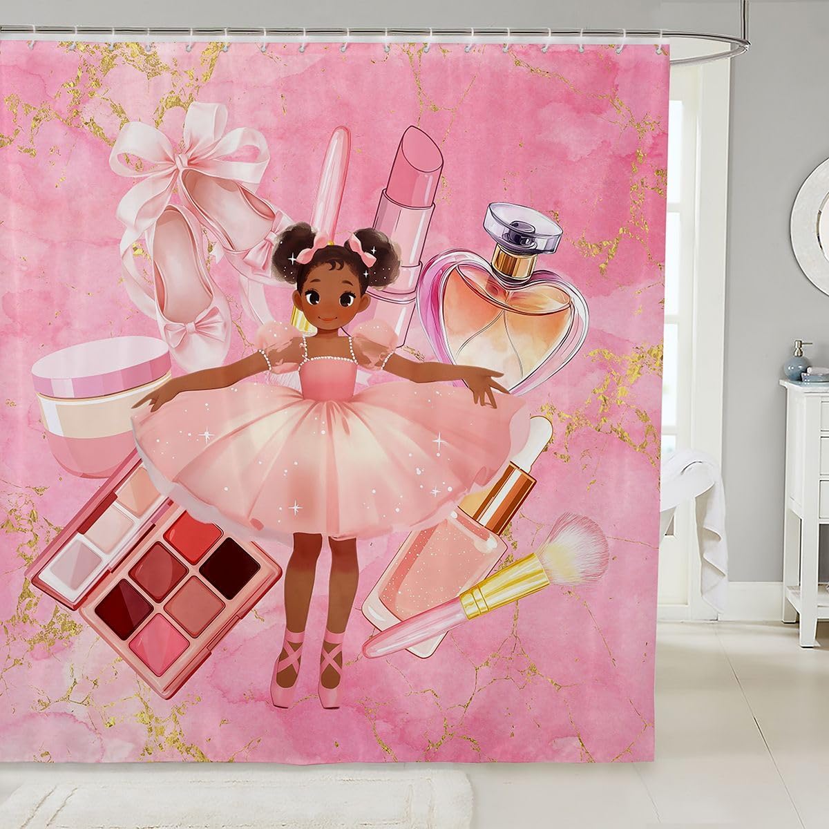 Erosebridal Magic Black Girl Bathroom Curtain for Women - Makeup Perfume Print Shower Curtain 72" Wx84 L Pink Abstract Gold Marble Pattern Bathroom Accessories,Modern Beauty Fashion Shower Decor