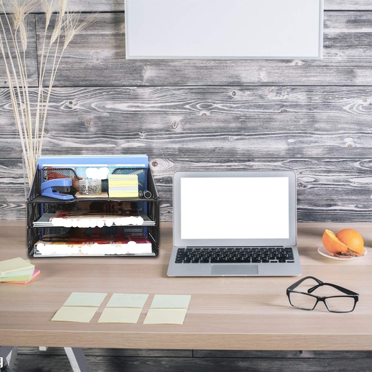 Organisateur de Bureau Organisateur De Fichiers De Bureau, Support De Dossier En Maille Avec 3 Plateaux À Papier Et 2 Montants Verticaux Rangement Fourniture Bureau