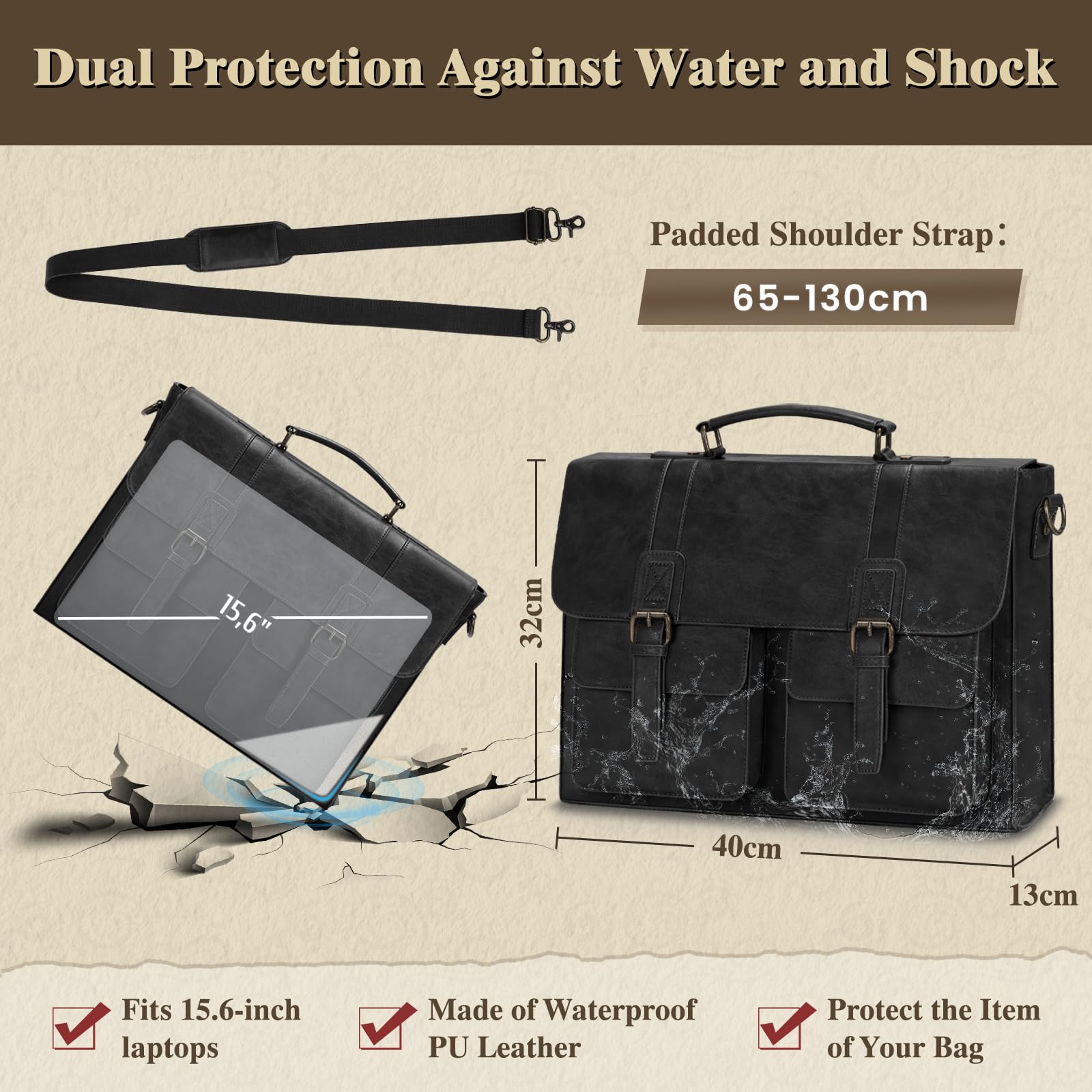 RAINSMORE Borsa Lavoro Uomo PU Pelle Borsa Porta PC 15.6 Pollici Impermeabile Porta Computer Portatile Tracolla per Università Ufficio Nero