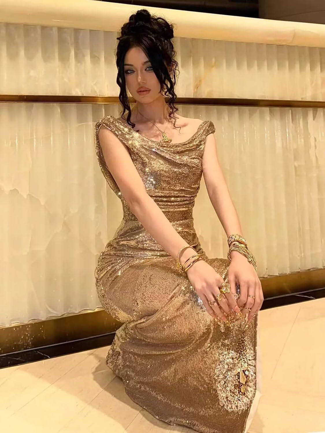 Off the Shoulder Mermaid Prom Dress Long with Slit Sparkly Sequin Formal Dresses Evening Gowns for Women