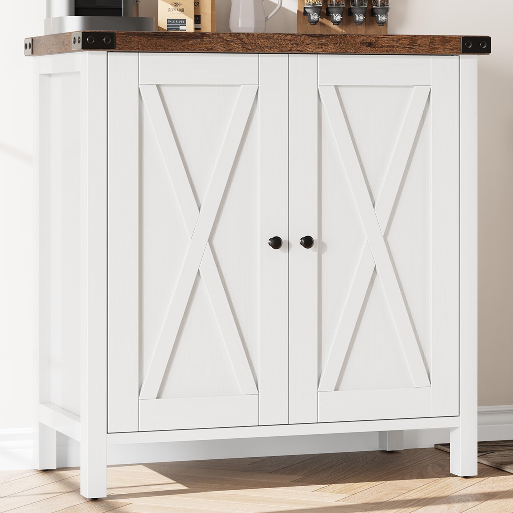 Aparador de Madera Maciza - Armario de 2 Niveles con Puerta - Tablero de 3 cm de Grosor - para Comedor, Salón, Recibidor - 76×40×80 cm - Marrón y Blanco