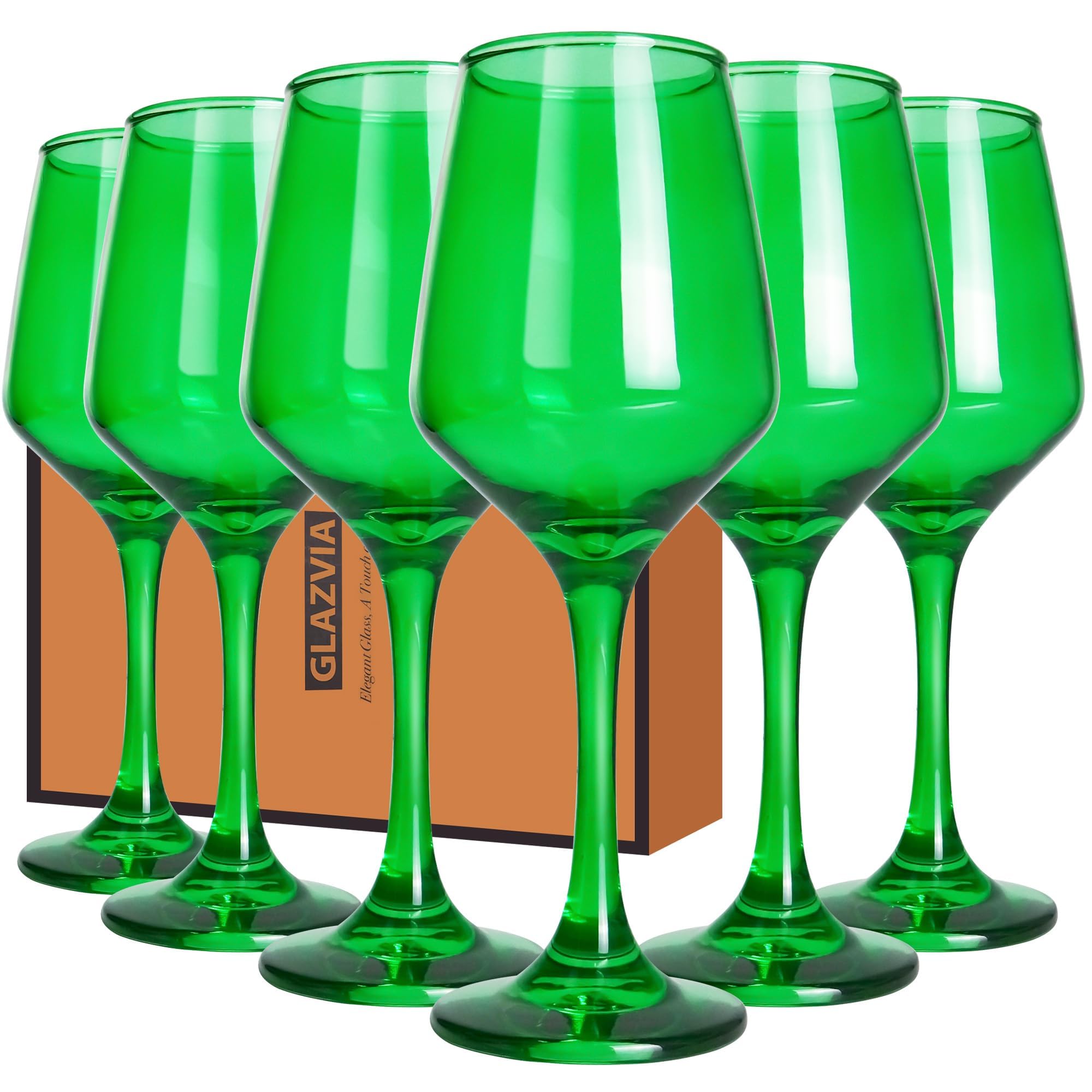 GLAZVIA Green Wine Glasses Set of 6, 14oz Stemmed Crystal Glasses, Thick & Colored, Dishwasher Safe Stemware for Red or White, Gift for Party, Holiday, Anniversary, Restaurant, Home Bar, Daily Use
