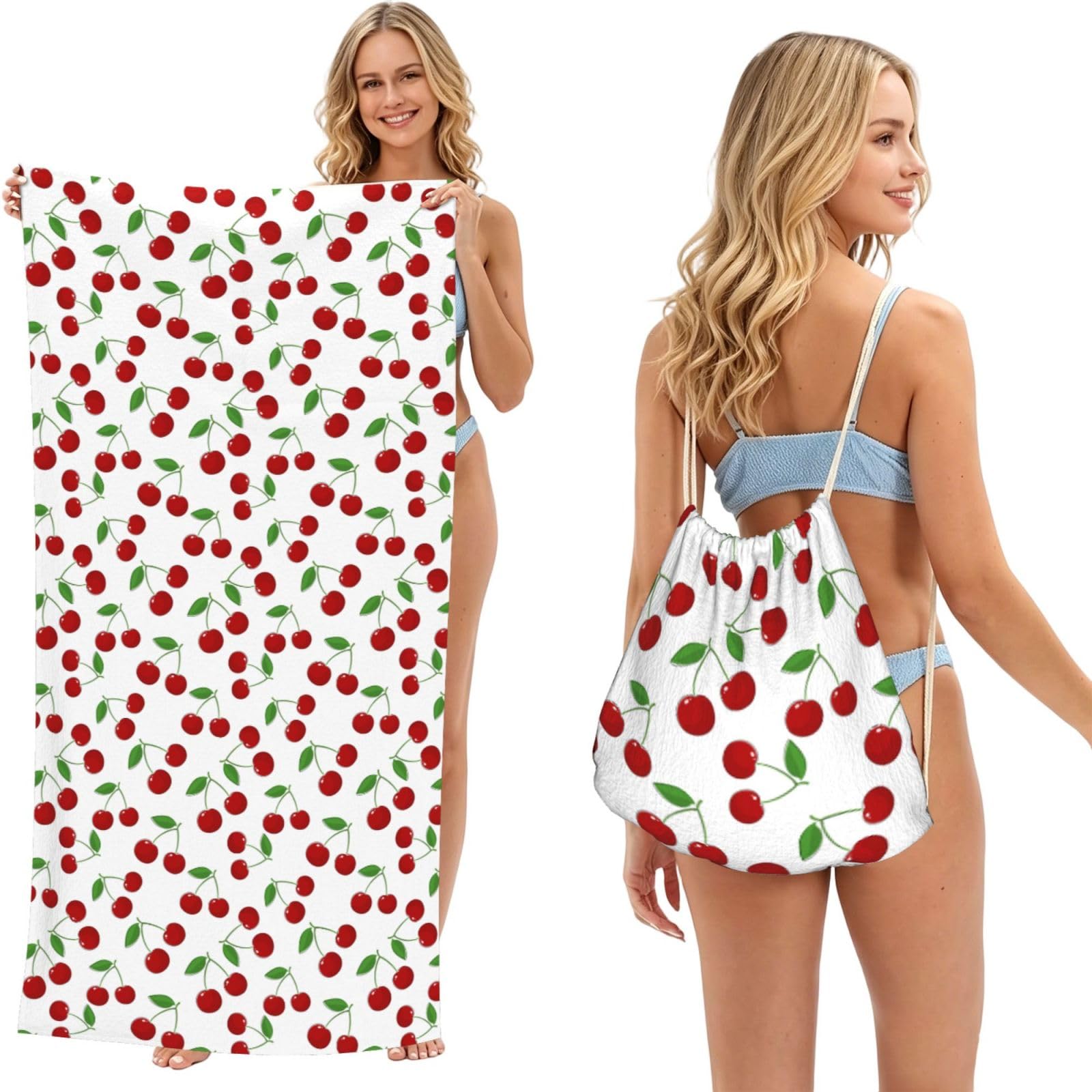 Poadnly As Picture Sweet Cherry Pattern, 2 In 1 Packable Towel Bag, Beach Towels With Drawstring Backpack For Travel Holiday Camping