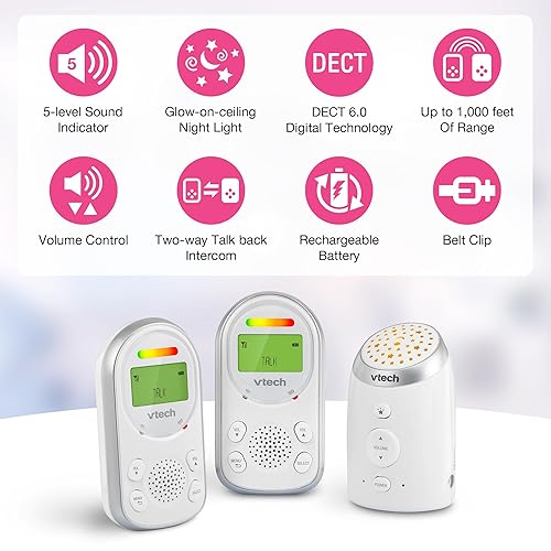 Miniatura 2 de VTech Monitor de audio digital para bebés con 2 unidades para padres, luz nocturna que brilla en el techo, hasta 1,000 pies de alcance, alerta de