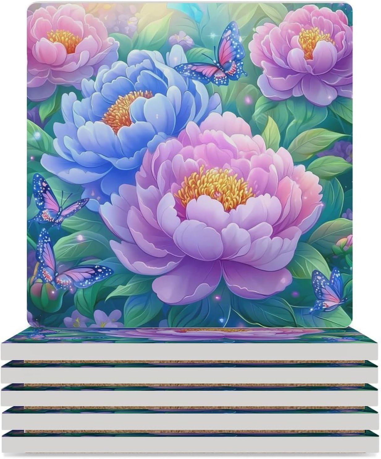 Peony Flowers Butterfly Ceramic Coasters Square Drinks Coaster Coffee Table Decor Table Coaster for Home Bar