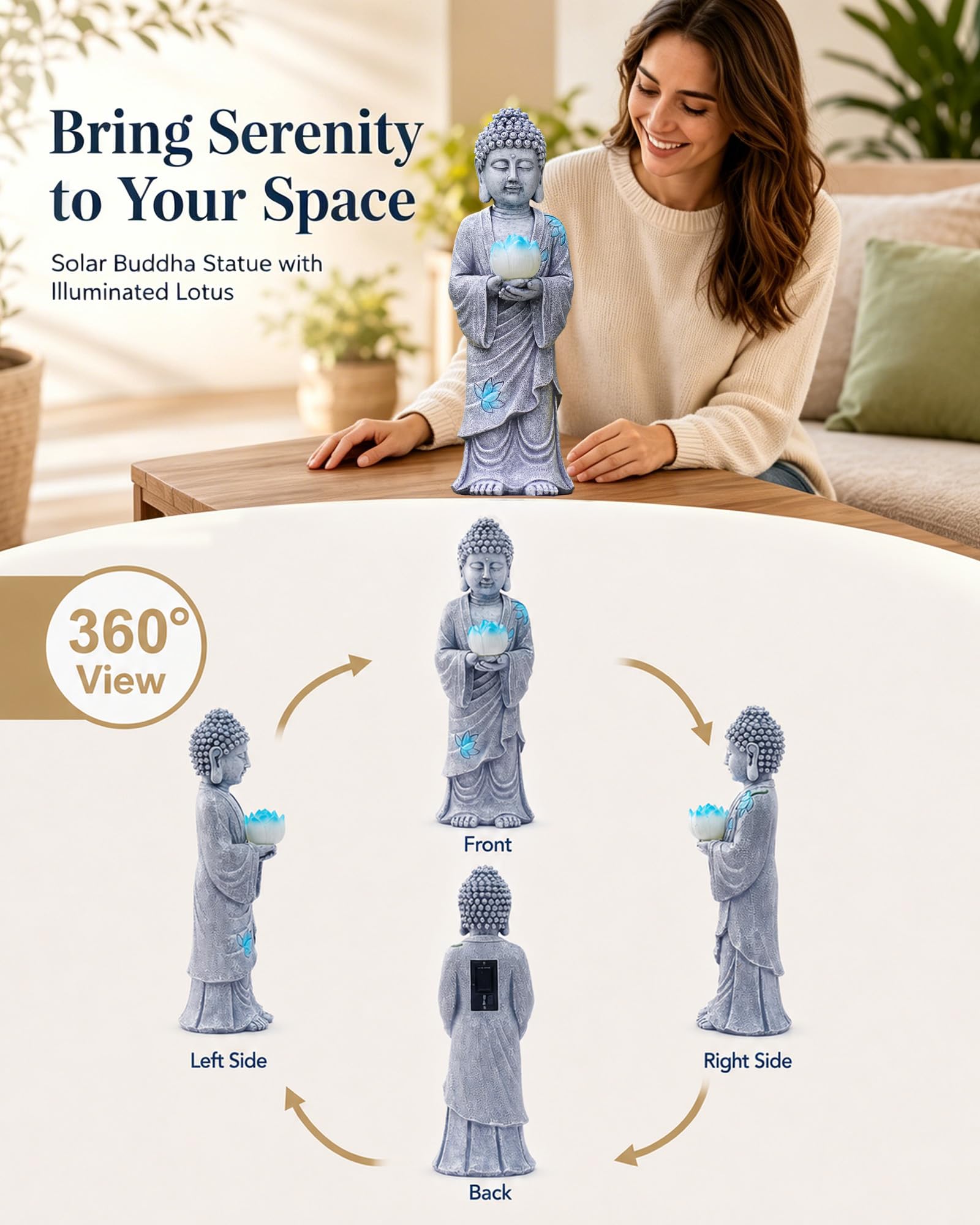 Yeomoo Statua di Buddha in piedi con luce solare LED loto, decorazione da giardino, resistente alle intemperie, decorazione per giardino, soggiorno, Feng Shui, spirituale, regalo per donne, mamma e