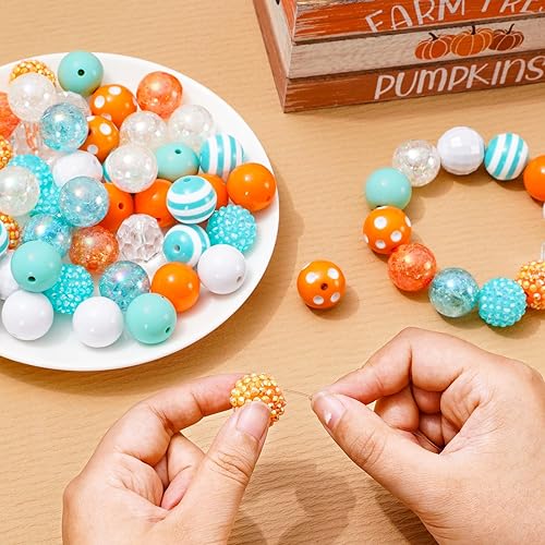 Miniatura 5 de Whaline 60 cuentas de goma de mascar de Acción de Gracias de 0.787 pulgadas (0.787 in), cuentas gruesas de otoño mixtas de acrílico, naranja, azul,