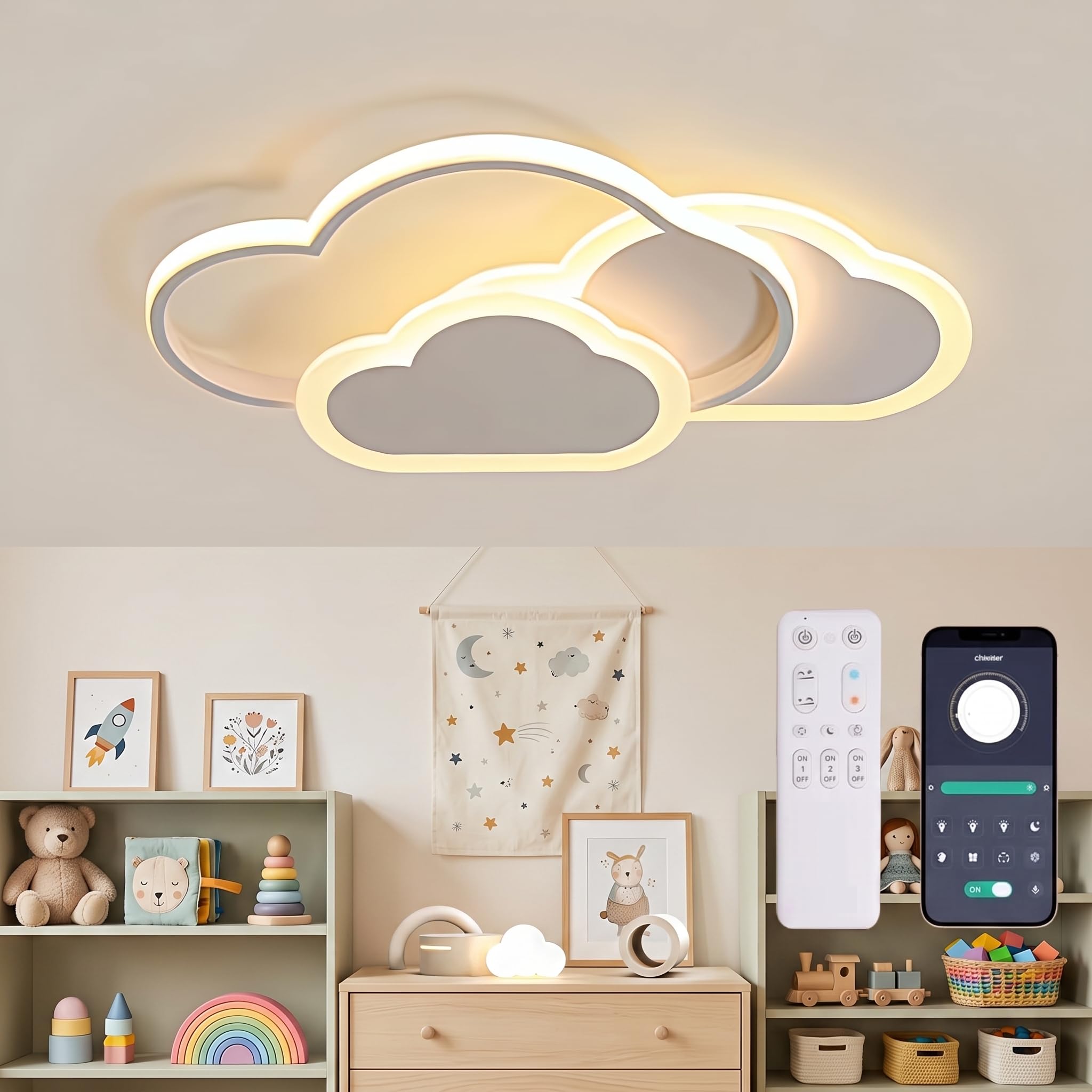 Lampara Infantil Techo,32W Lampara Techo LED Infantil Dormitorio Nube Creativa 3000K-6000K Regulable con Control Remoto, Plafón LED Techo de 42CM para Cuarto de Niños Dormitorio Sala de Estar