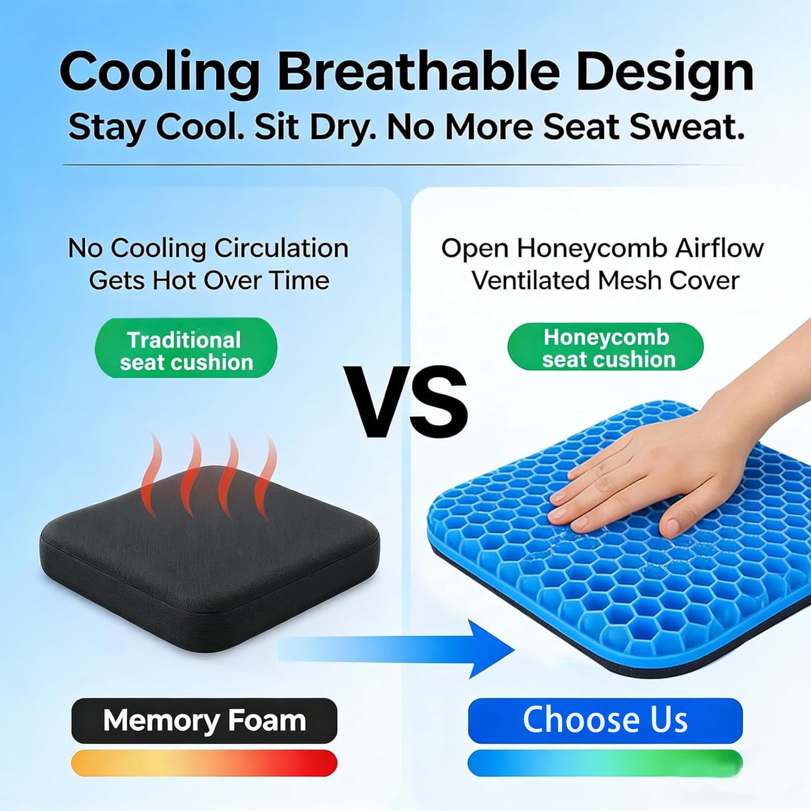 Cojín de asiento de gel para mayor comodidad y apoyo, diseño de panal transpirable, funda antideslizante, ideal para juegos, oficina, coche y silla de ruedas