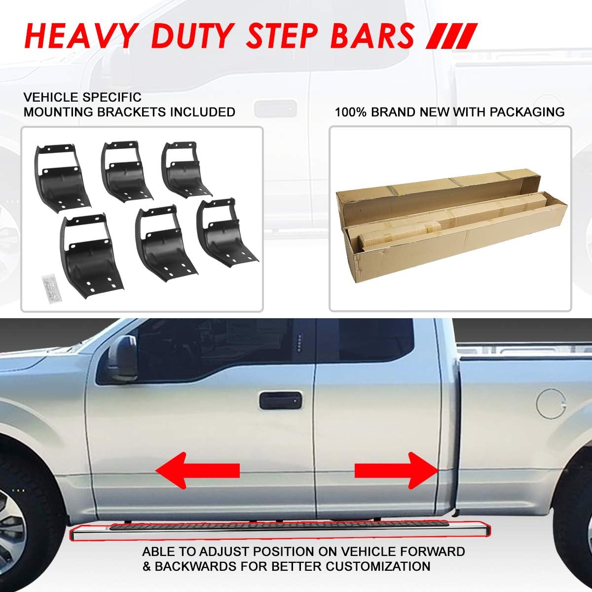 Auto Dynasty Running Boards Compatible with 2015-2024 Ford F150 F250 F350 Super/Extended Cab, Stainless Steel Side Step Rail Nerf Bars, 5" Step Bars, Polished Chrome