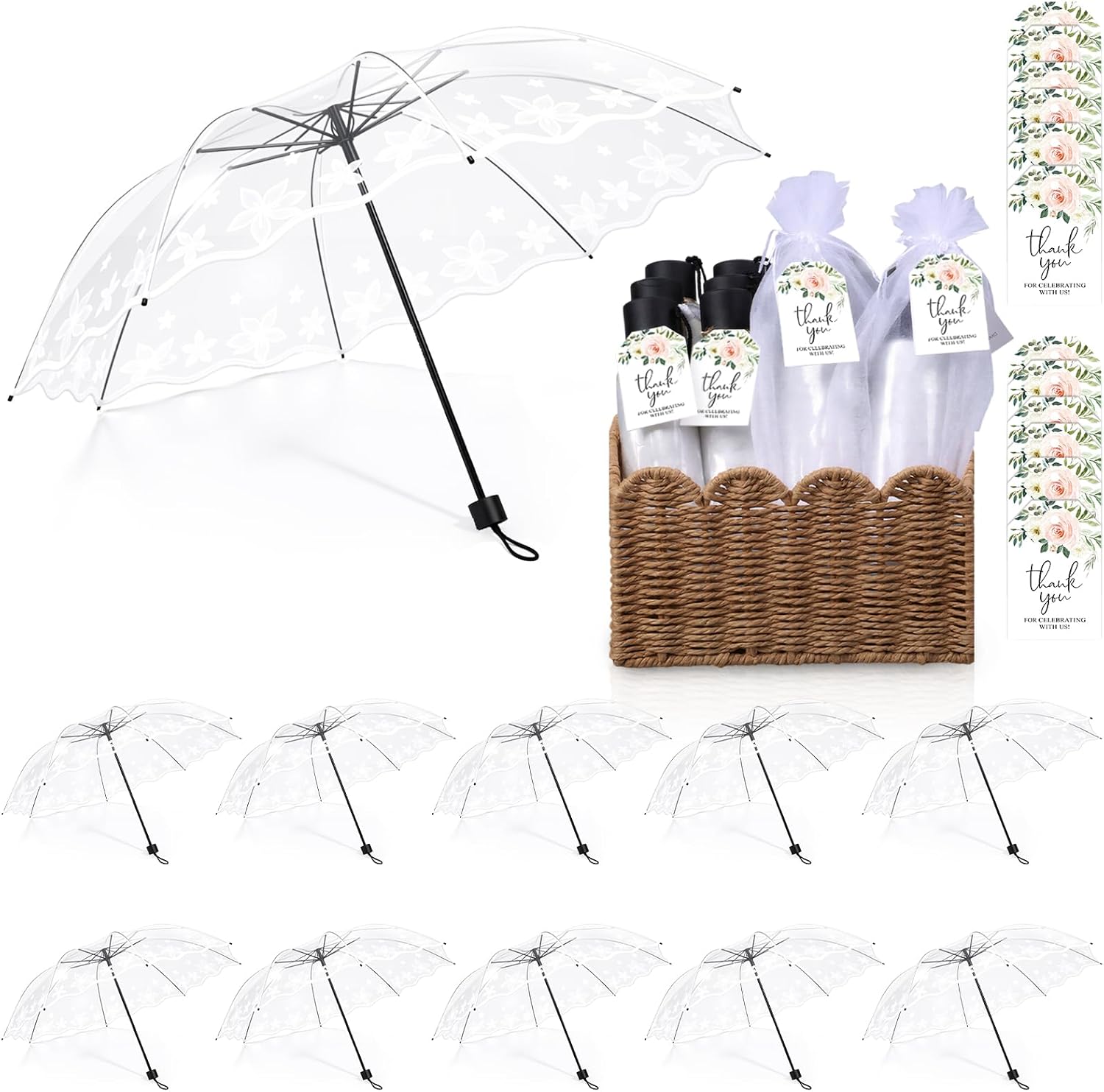 Capoda 12 Set Clear Umbrellas Wedding Favors for Guests - Clear Folding Umbrellas Bulk with Bamboo Basket, Thank You Tags Rope, Organza Bags Gift for Rain Wedding Bridal Shower Tea Party Photo Prop