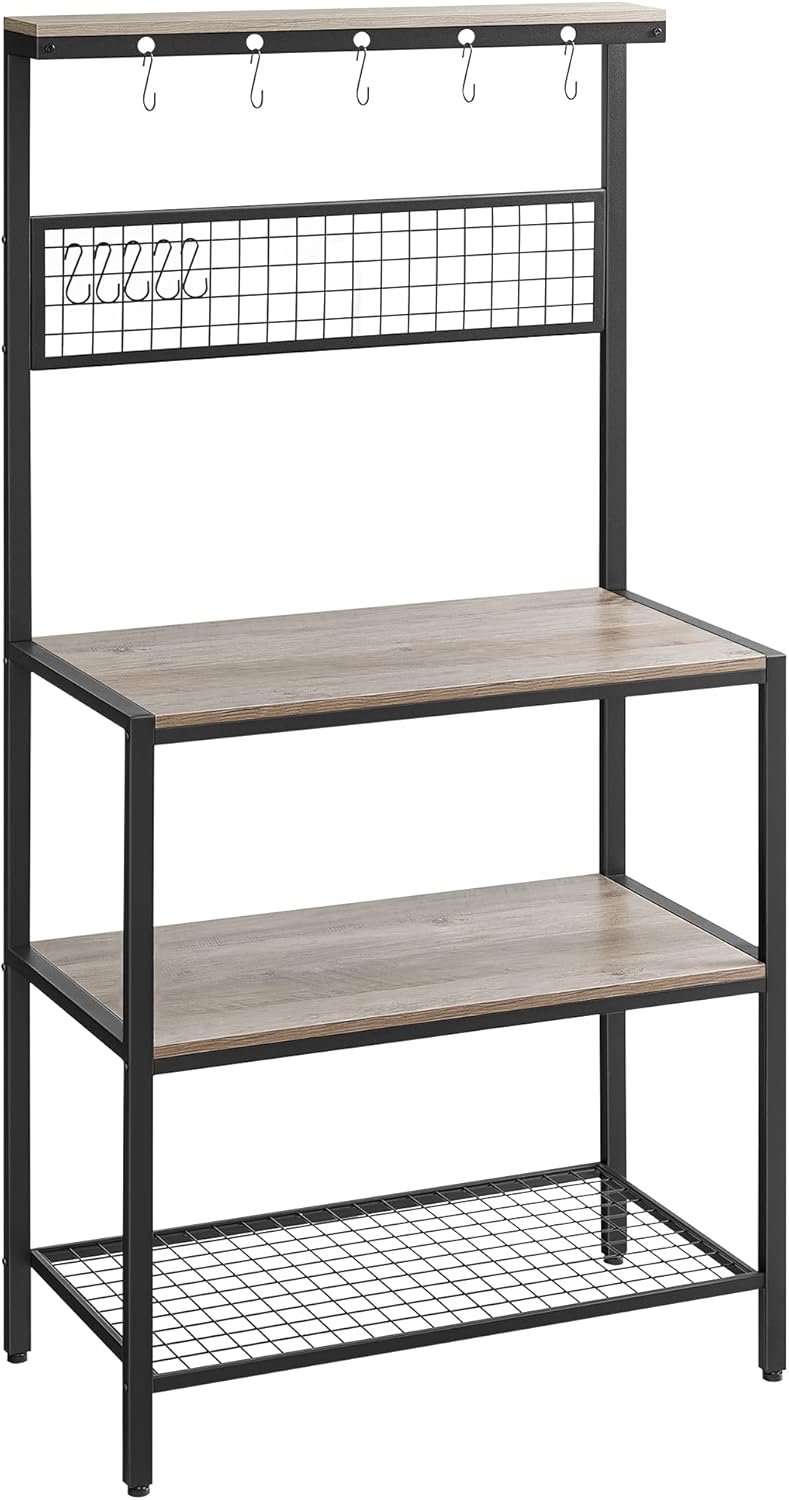 VASAGLE Bakers Rack, Coffee Bar, Kitchen Storage Shelf Rack with 10 Hooks, 3 Shelves, Adjustable Feet, for Microwave Oven, 15.7 x 33.1 x 66.9 Inches, Industrial, Greige and Black UKKS017B02