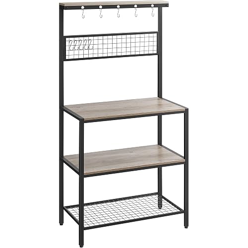 VASAGLE Bakers Rack, Coffee Bar, Kitchen Storage Shelf Rack with 10 Hooks, 3 Shelves, Adjustable Feet, for Microwave Oven, 15.7 x 33.1 x 66.9 Inches, Industrial, Greige and Black UKKS017B02