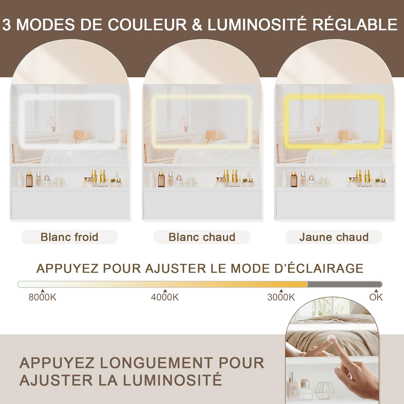 JUMMICO Coiffeuse avec Grand Miroir LED et Espace de Rangement Abondant, Table de Maquillage Moderne avec 2 Tiroirs, 1 Armoire Latérale et 4 Compartiments (Blanc)