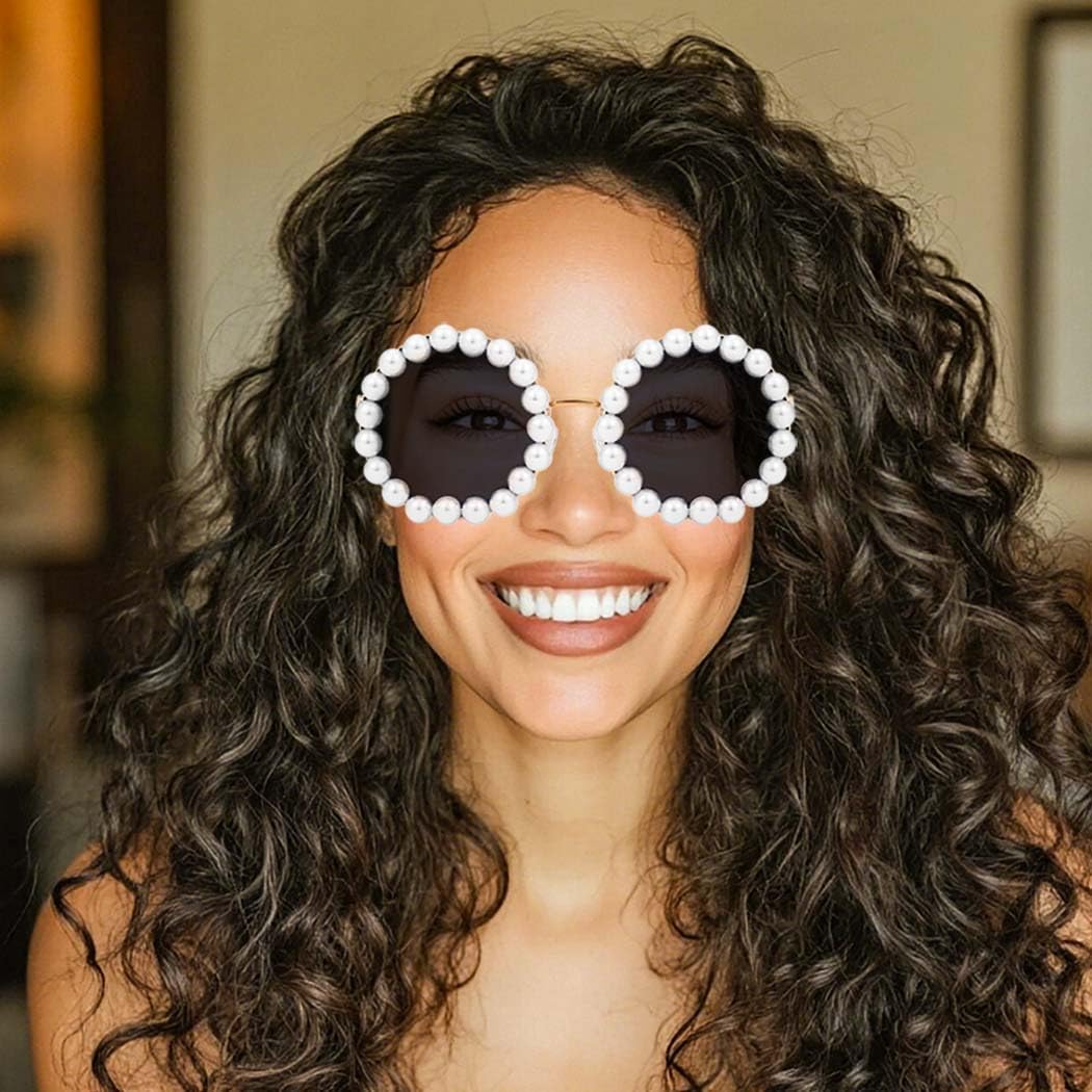 Woeoe Pearl Round Sunglasses Circle Sun Glasses for Women White Trendy Eye Glasses Classic Shades Vintage Men Bling Party Sunglasses Eyewear image 3 of 5 B0DFH1PKNV