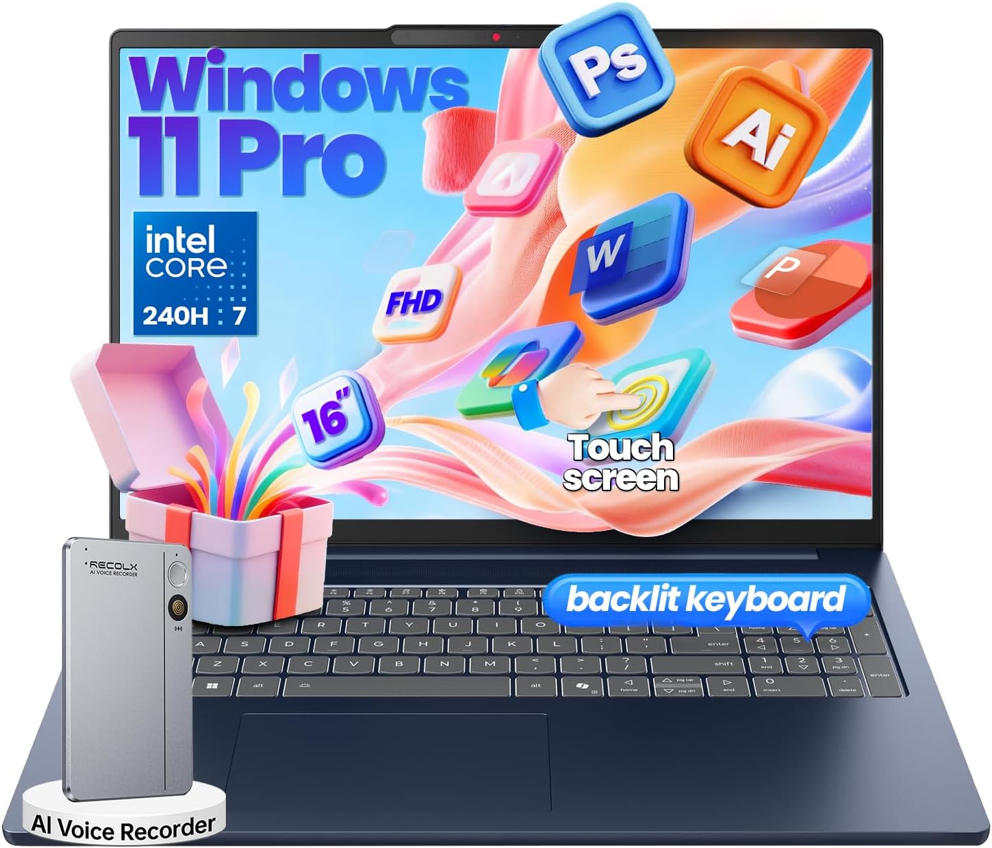 IdeaPad Business Laptop, 16" FHD+ Touchscreen, Intel Core 7 240H (10-Core up to 5.0GHz), 32GB DDR5 RAM, 1TB SSD, Backlit Keyboard, IR Facial Login, Wi-Fi 6, Windows 11 Pro, Copilot AI Ready