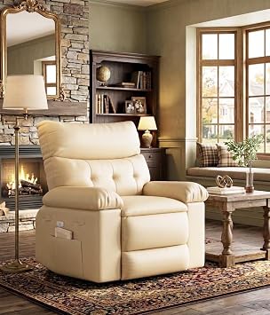 OUTLANE Oversized PU Leather Recliner Chair, Extra Plush Manual Reclining Lounge Armchair with 360-Degree Swivel & 135 Tilt, Spacious Padded Sofa with Cup Holders for Living Room & Bedroom, Beige
