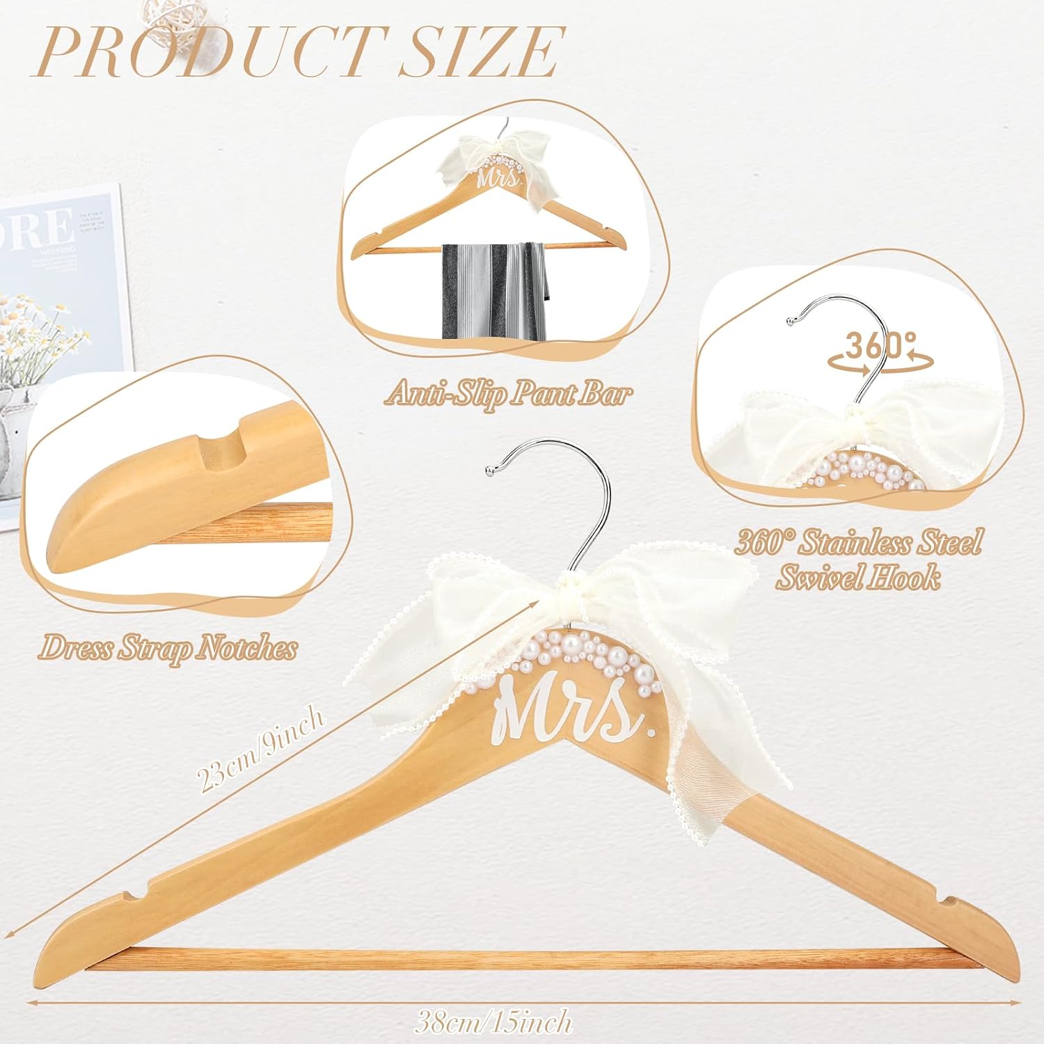 Bride Wedding Dress Hanger with Pearl Bow, Mrs. Pearl Hangers Elegant Wooden Dress Hanger for Bride Wedding Gifts(360°Rotating Anti-Slip Hook)