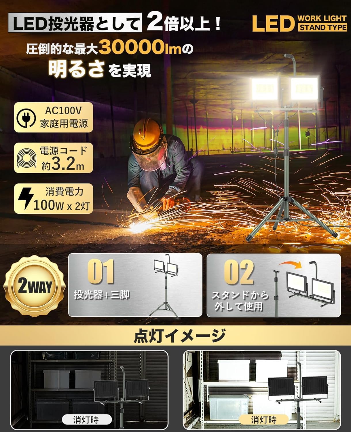 Amazon.co.jp: SUKITEN 投光器 LED 三脚スタンド付き 2灯式 200W