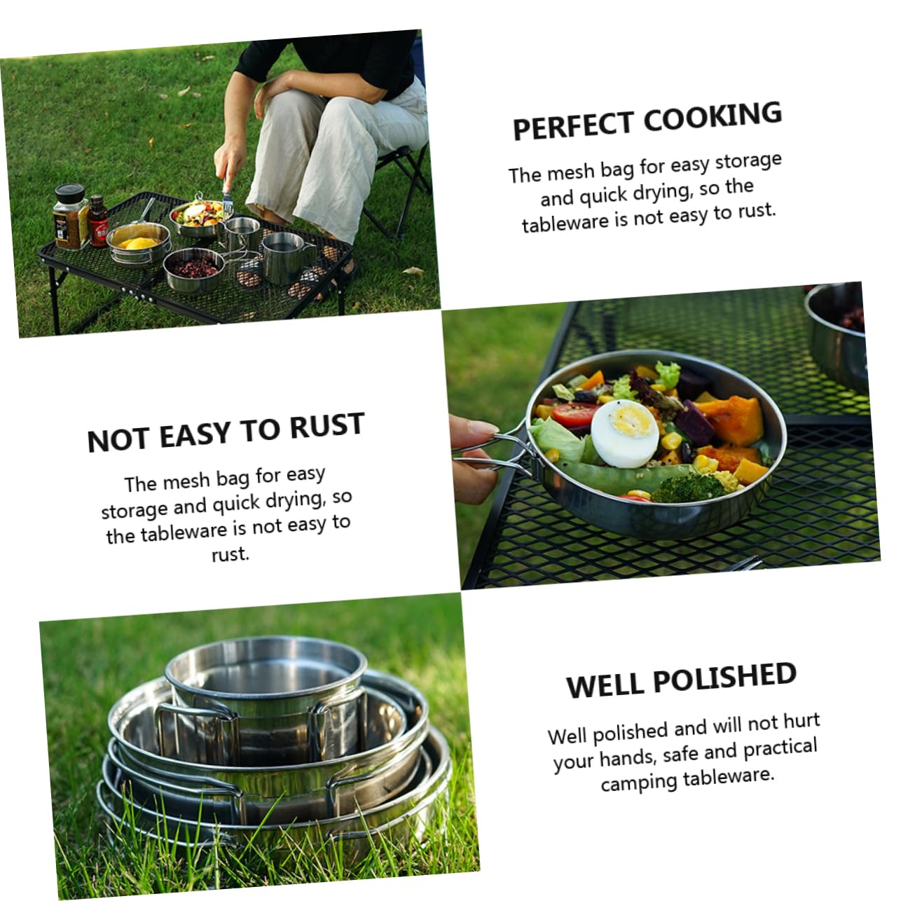 Set Posate da Campeggio in Acciaio Inox, 5 Pezzi Manico Pieghevole, Tazza e Ciotola, per Campeggio e Picnic,