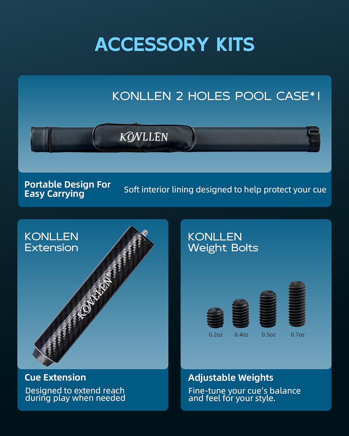 KONLLEN 2.0 Carbon Fiber Pool Cue Set, Low Deflection Pro Taper Shaft, Ebony Inlay Design, 11.8mm / 12.5mm Tip, Adjustable Weight System, Cue Extension, Weight Bolts & Hard Cue Case
