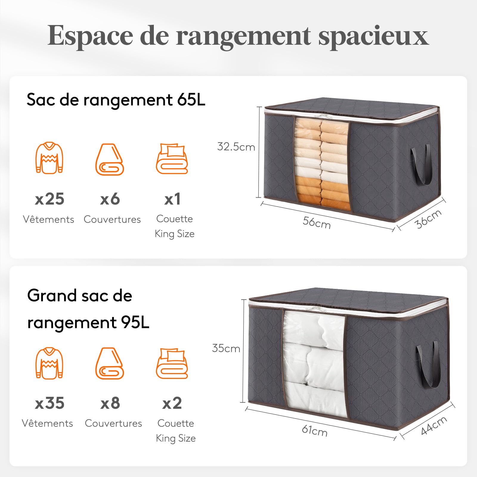 Lifewit Sac de Rangement Vetement, Boite Rangement Pliable, Grand Caisse Rangement Cartons Déménagement Housse Rangement Couette pour Couvertures Jouets Vêtements, 60 L, Lot de 3