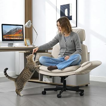 Criss Cross Office Chair, Criss Cross Chair with Wheels & Armrests for Cross-Legged Sitting, Comfortable Adjustable Swivel Office Desk Chair, PU Leather Vanity Chair for Home, Makeup, Bedroom Beige