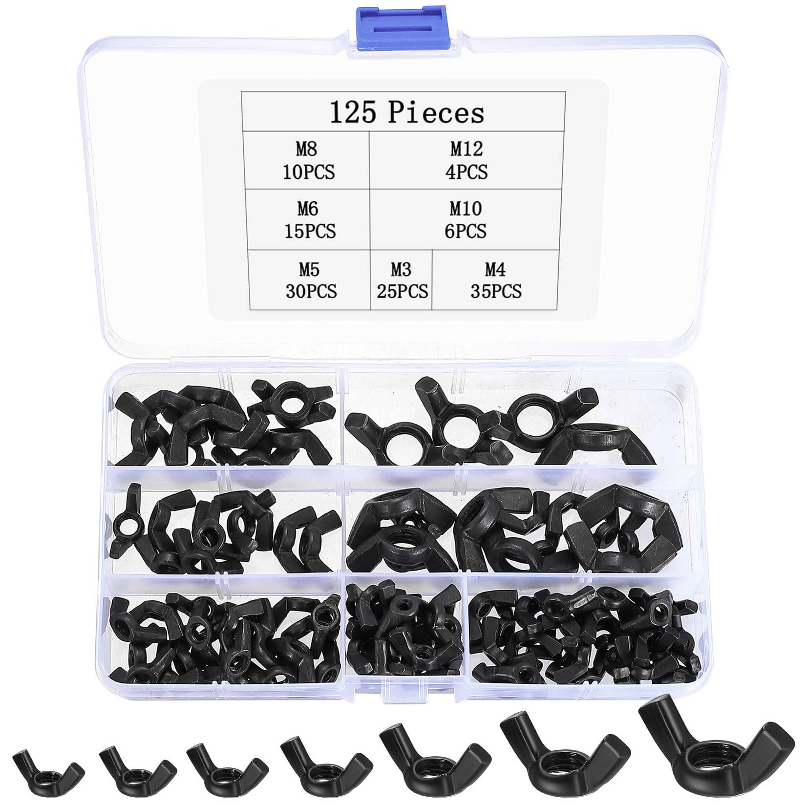 125Pcs Butterfly Nuts Mixed Butterfly Nuts Wing Nuts For Electronic Hardware DIY Tools, M3 M4 M5 M6 M8 M10 M12(Black)