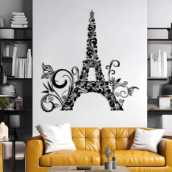 YDONVTI Eiffel Tower with Flowers Metal Wall Art, Eiffel Tower Metal Wall Art, Flower Wall Decor, Contemporary Wall Hanging, Paris Themed Decor for Bedroom, Living Room Black, 28"x23"/70x58cm