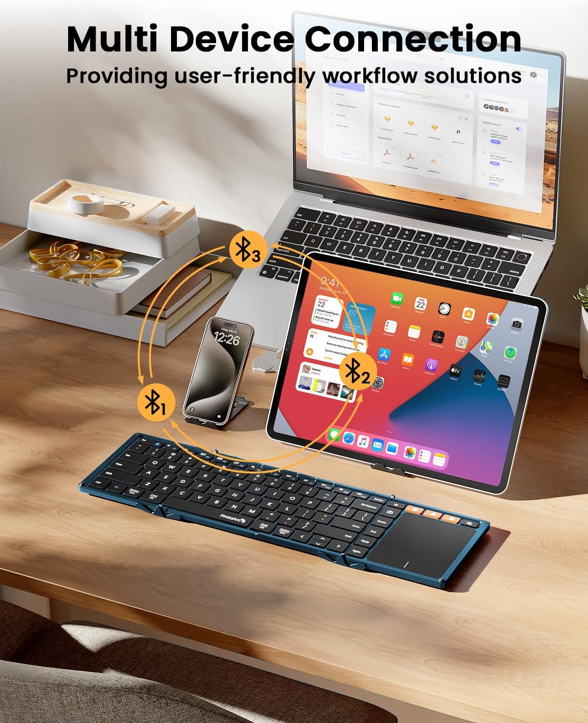 ProtoArc XK01 TP keyboard connecting to multiple devices via Bluetooth.