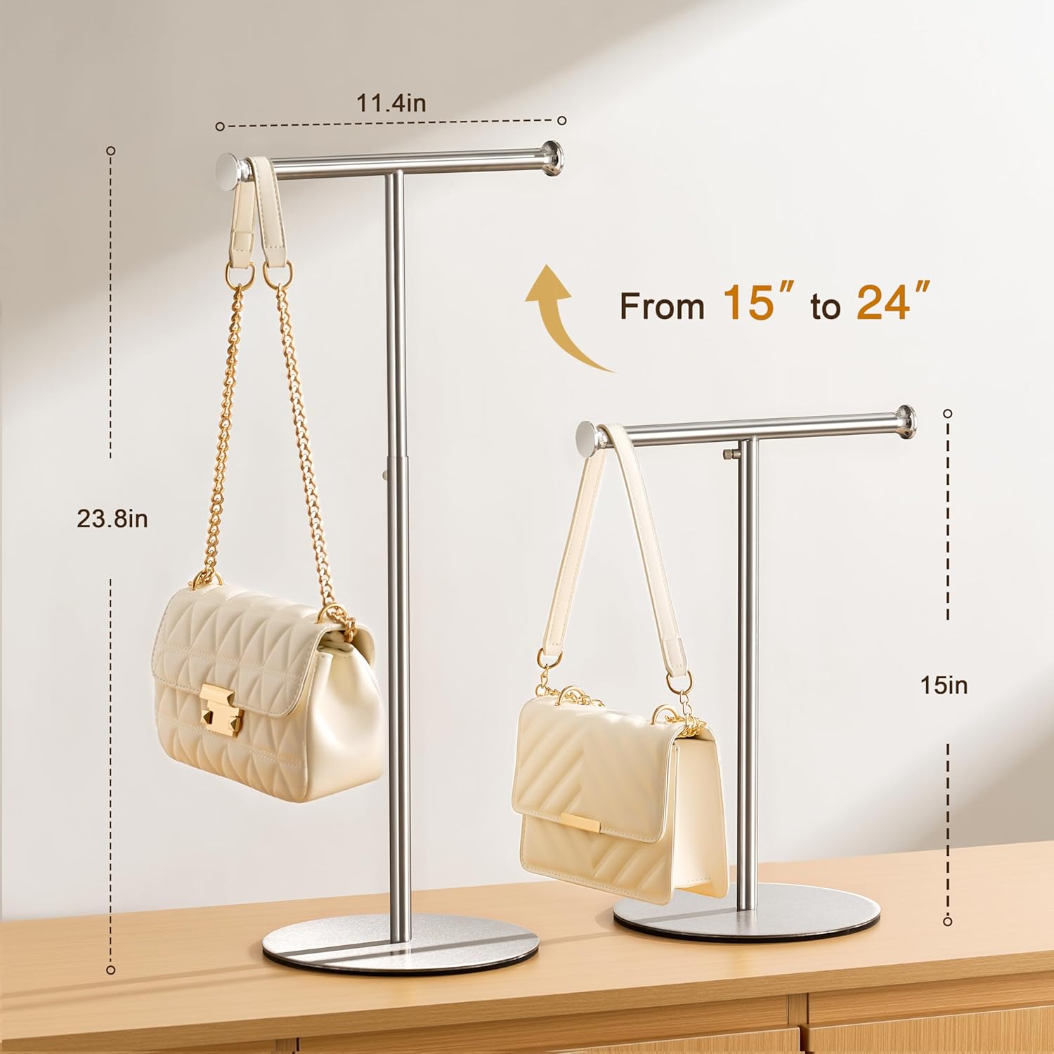 niffgaff T Bar Purse Display Stand Tabletop: Adjustable Height 201 Stainless Steel Handbag Holder, Countertop Hanging Rack for Long Necklace Scarf Lanyard, Silver Brushed Finish - Image 2