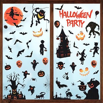 Halloween Window Clings - 9 Sheets Reusable Halloween Decorations, 72 PCS Ghost Tree Witch Zombie Patterns for Treat or Trick Party, Home, Classroom, Store Holiday Decor