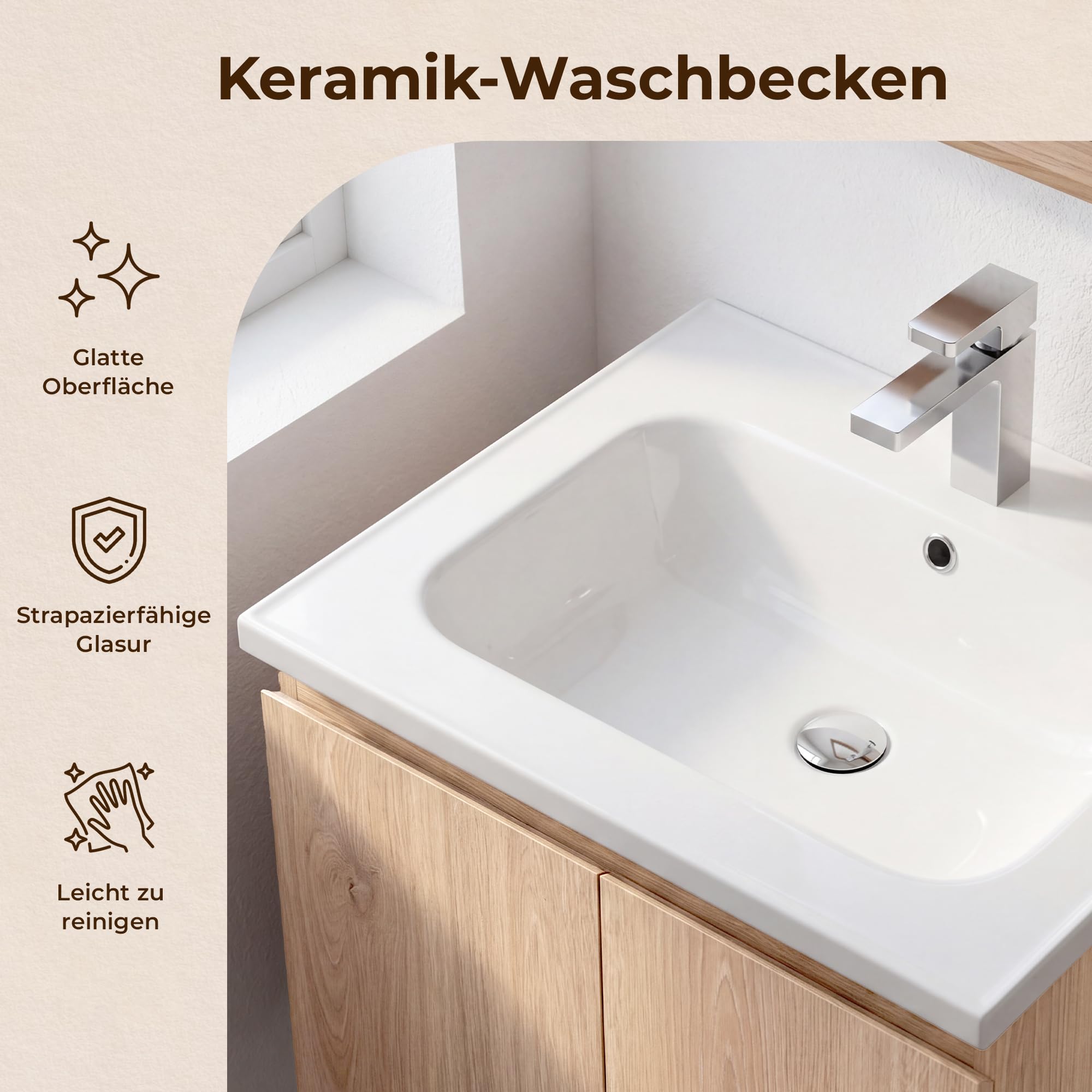 Waschbecken mit Unterschrank 60 cm, Hängend, Wandmontiert, Soft-Close | Handgefertigte Details, Keramikbecken, Soft-Close-Türen, versiegelte Kanten und Stauraum für kleine bis mittelgroße Bäder.