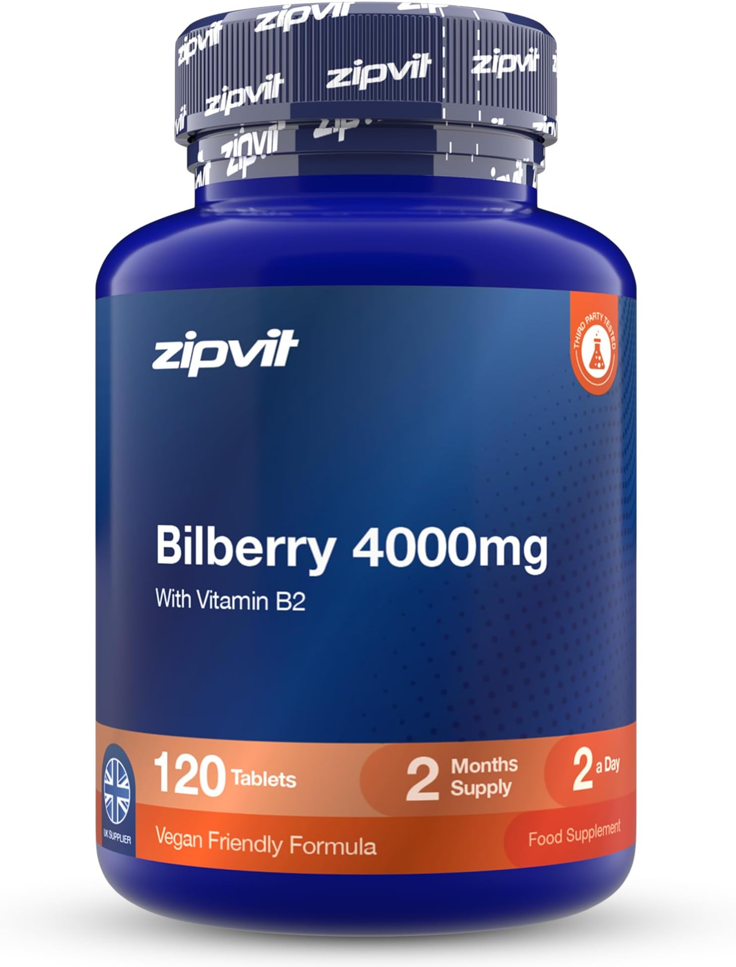 ZIPVIT Bilberry Extract 2000mg with Added Vitamin B2, 120 Vegan Tablets. Vegetarian Society Approved.