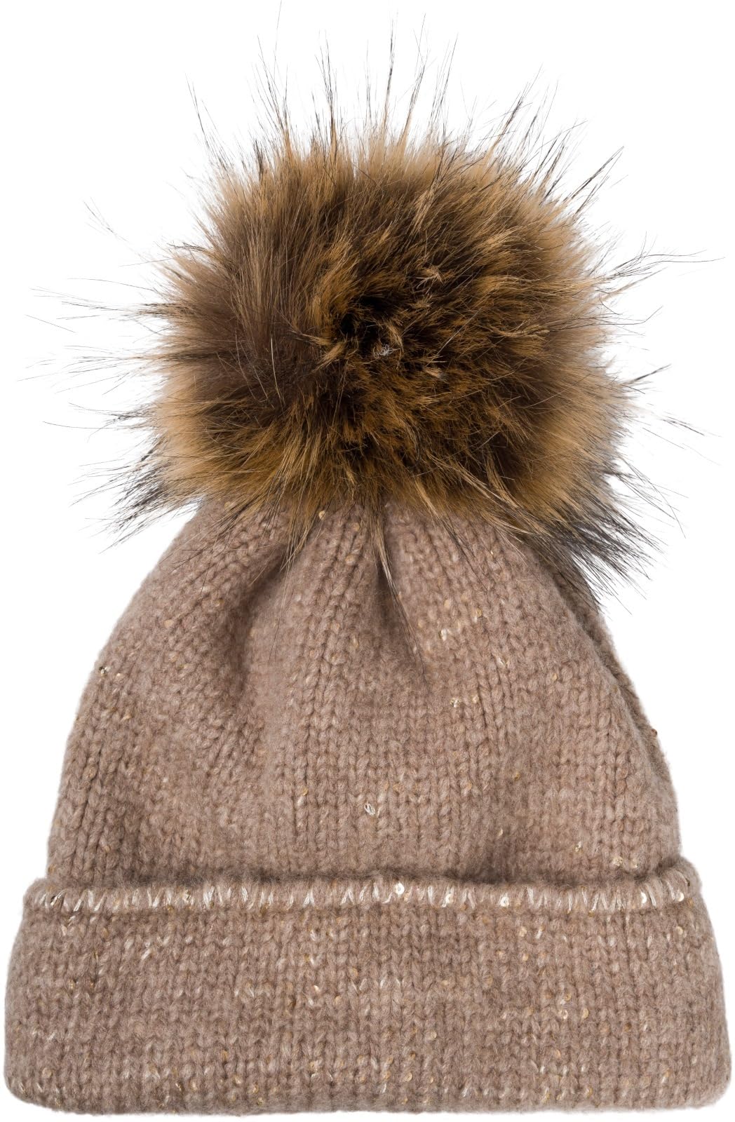 Stylebreaker Women's Brown Knitted Bobble Hat Single-Coloured With Sequins And Fleece Lining, Winter Fur Bobble Hat, Knitted Hat 04024210, Colour: