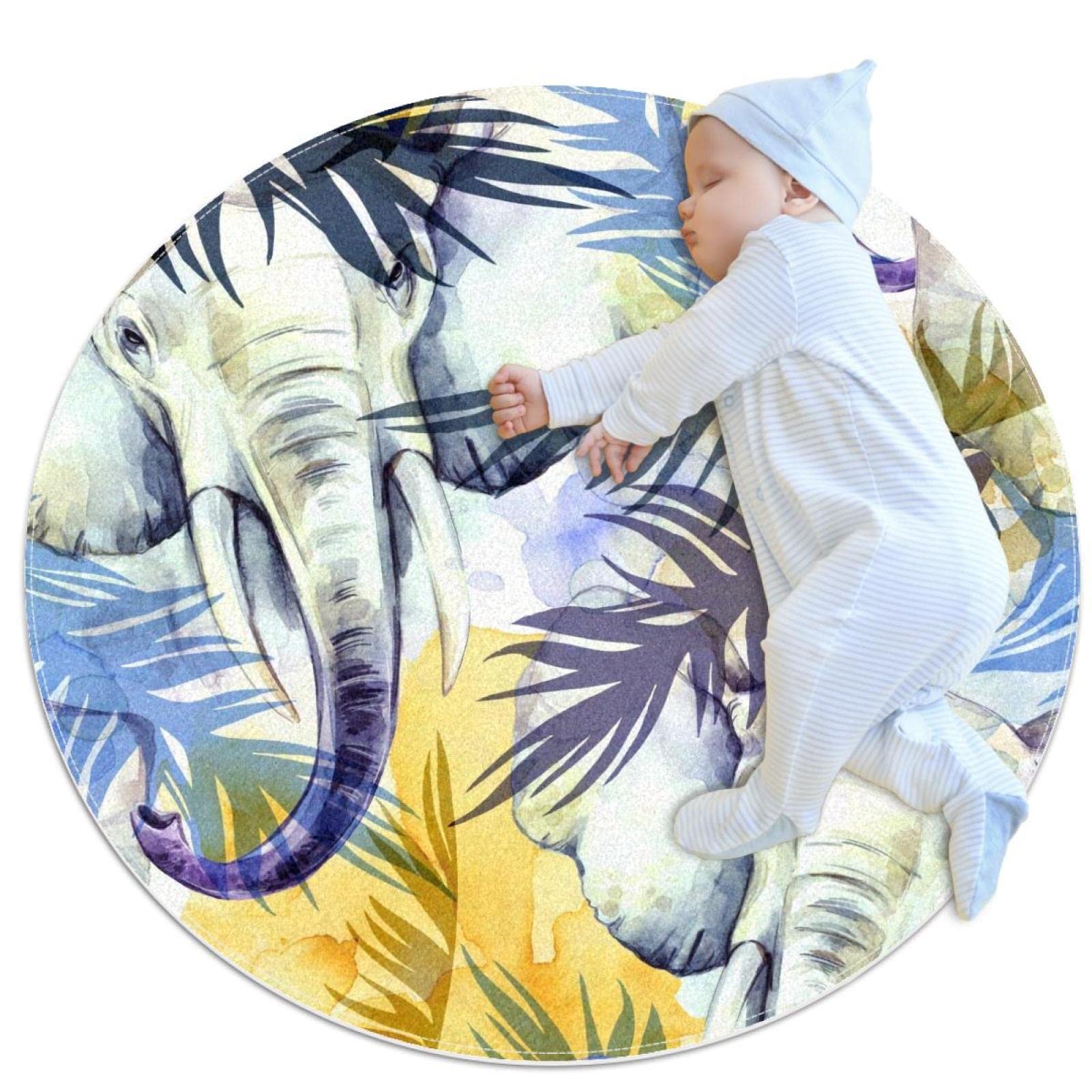 Tapis de salle de bain rond 1m motif éléphant et feuilles tropicales colorées