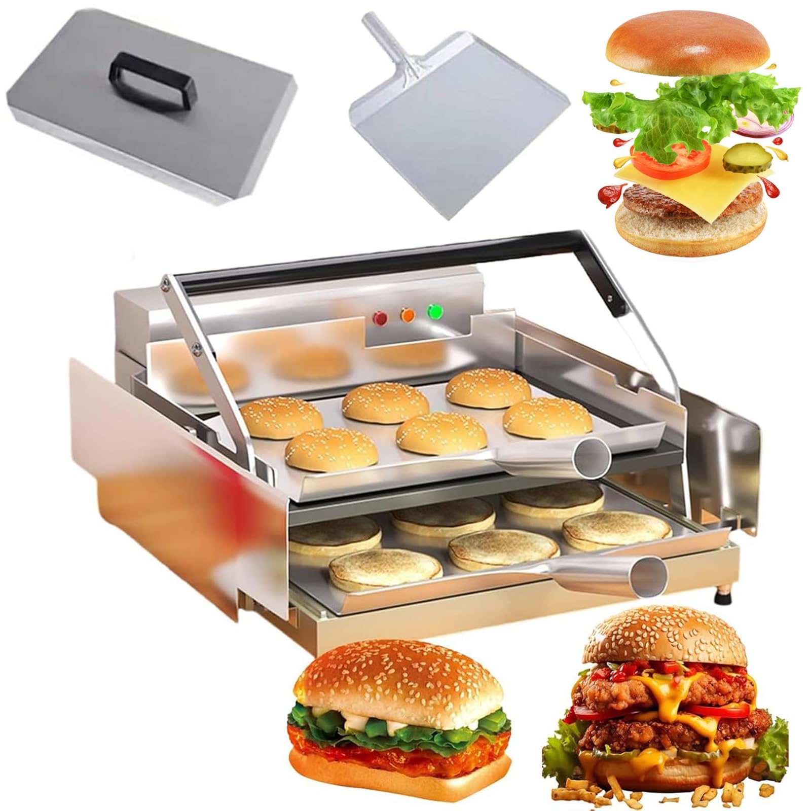 Fhrka Commercial Electric Burger Bun Toaster, Non-Stick Double Layer Stainless Steel Grilled Hamburger Toaster
