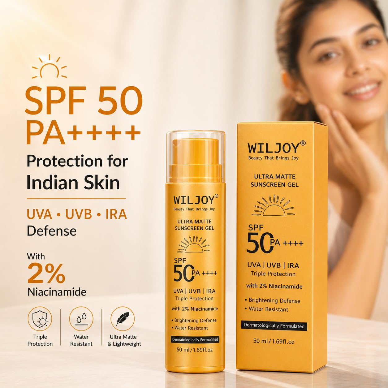 Wiljoy Ultra Matte Sunscreen Gel SPF 50 PA++++ | 2% Niacinamide | For Oily, Acne-Prone Skin | Lightweight Texture | No White Cast | Broad Spectrum UVA/UVB/IRA Triple Protection | Non- Comedogenic | Tan Protection | Photostable | Water & Sweat Resistant | For Men & Women | Dermatologically Formulated | 50 mL 2