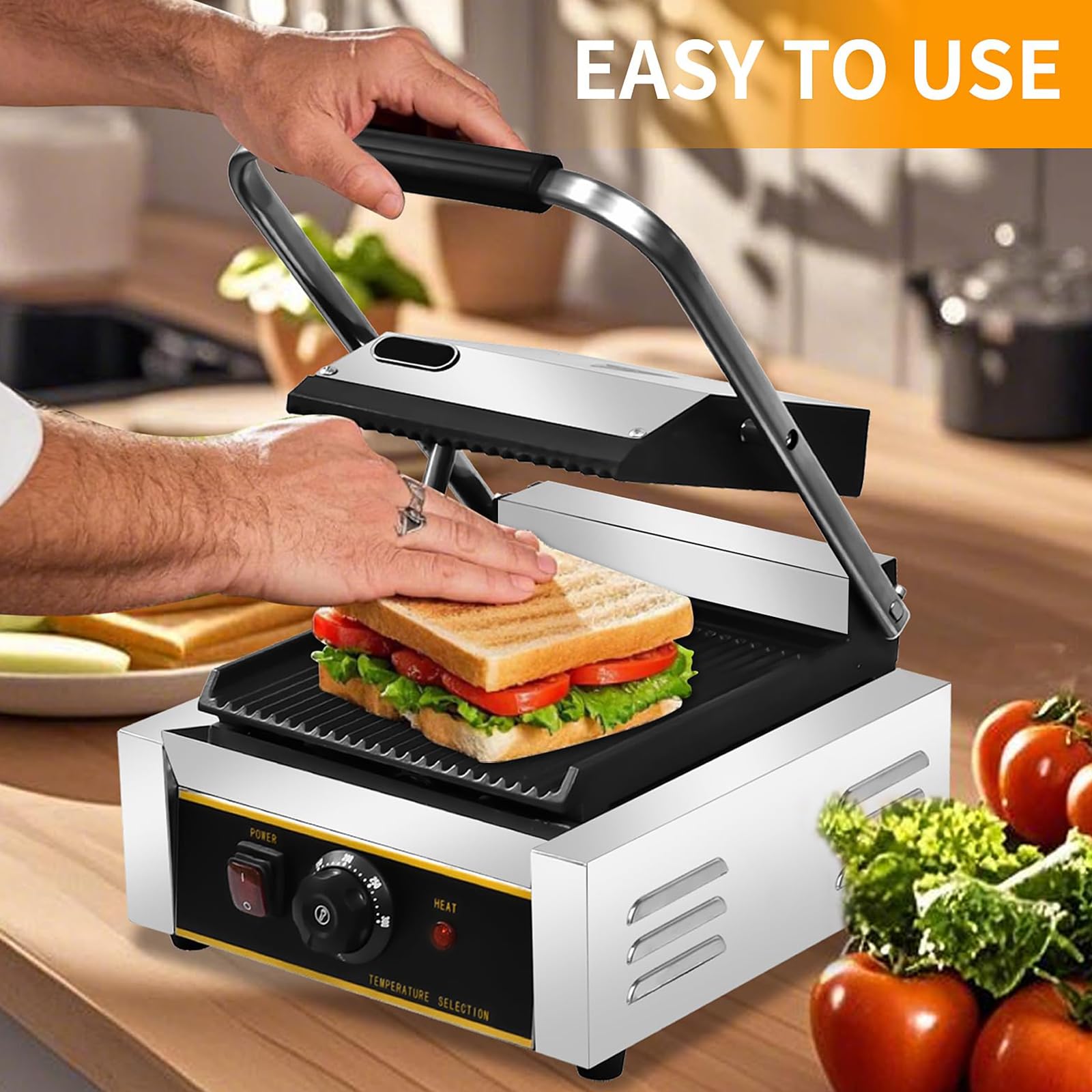 Commercial Panini Press, dwustronne ogrzewanie elektryczne kanapki Panini Grill z powłoką bezstronną i 50-300 ℃ Regulowana temperatura, maszyna do kanapki tosterowej dla hamburgerów steków