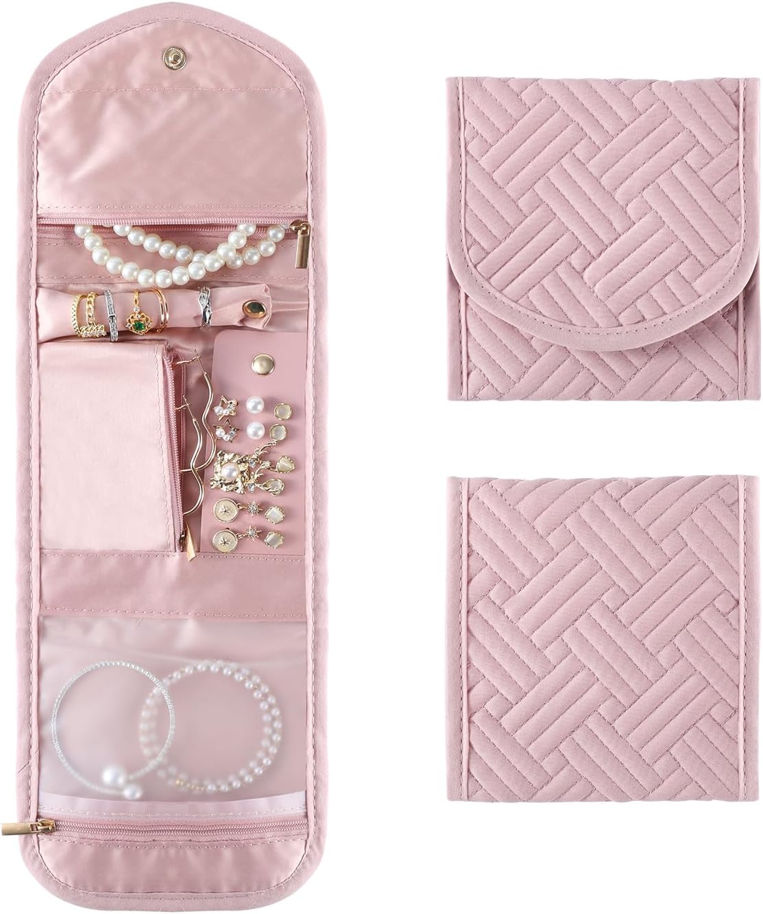 Travel Jewelry Bag,Foldable Jewelry Storage Roll For Journey-Rings,Necklaces,Earrings, Bracelets,Soft Pink