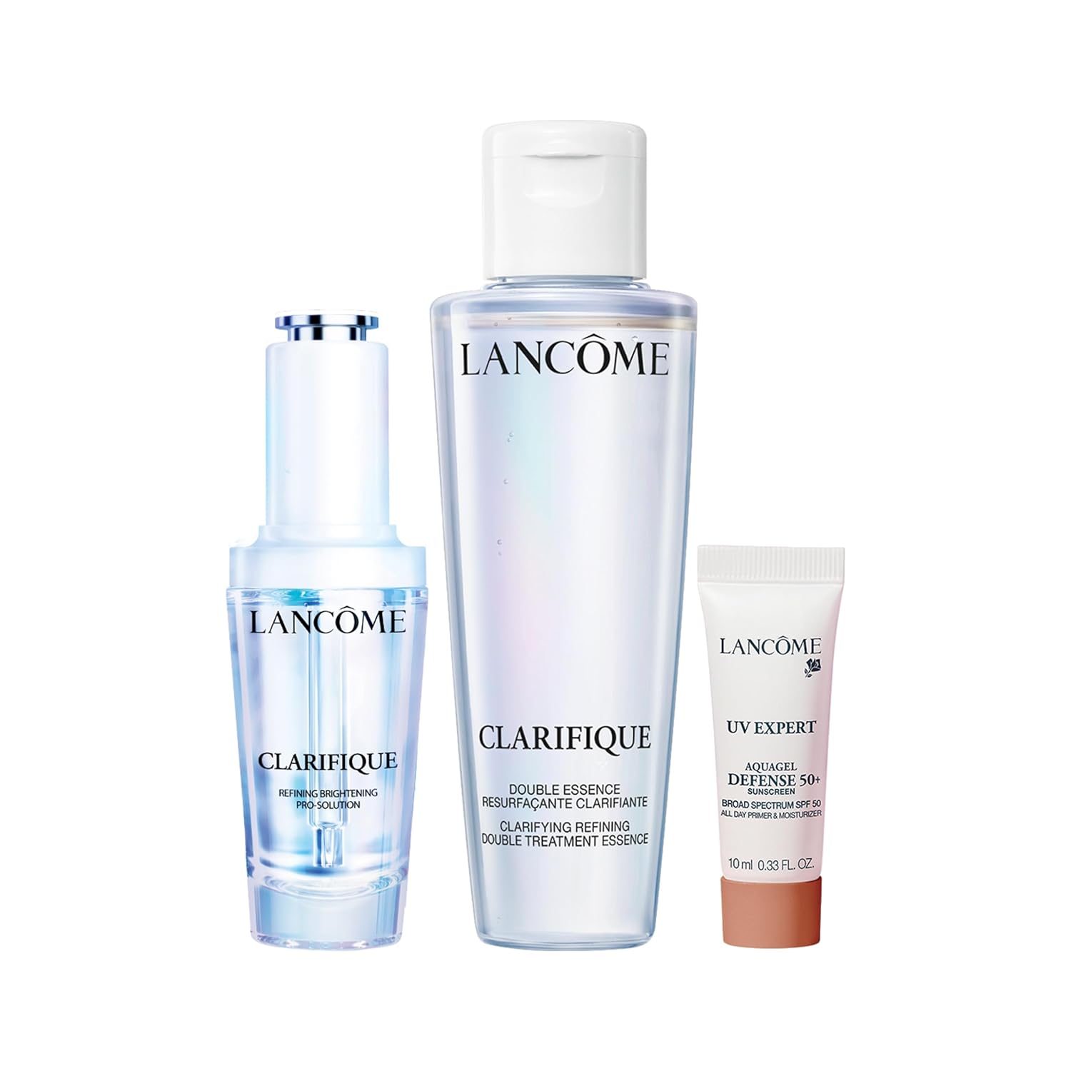 Clarifique Brightening Routine Discovery Set - Mini Clarifique Double Treatment Essence 1.7 Fl Oz, Full-Size Clarifique Pro-Solution Serum 1.0 Fl Oz, Mini UV Expert Defense SPF 50+ 0.33 Fl Oz - Image 2