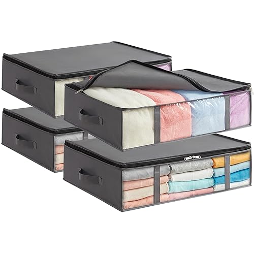 Lifewit Bolsas de Almacenaje para Debajo de la Cama 40L, Pack de 4 Cajas para Guardar Ropa con Ventana Transparente Frontal, Organizadores de Armarios para Toallas, Mantas, Gris - 4 - 40L