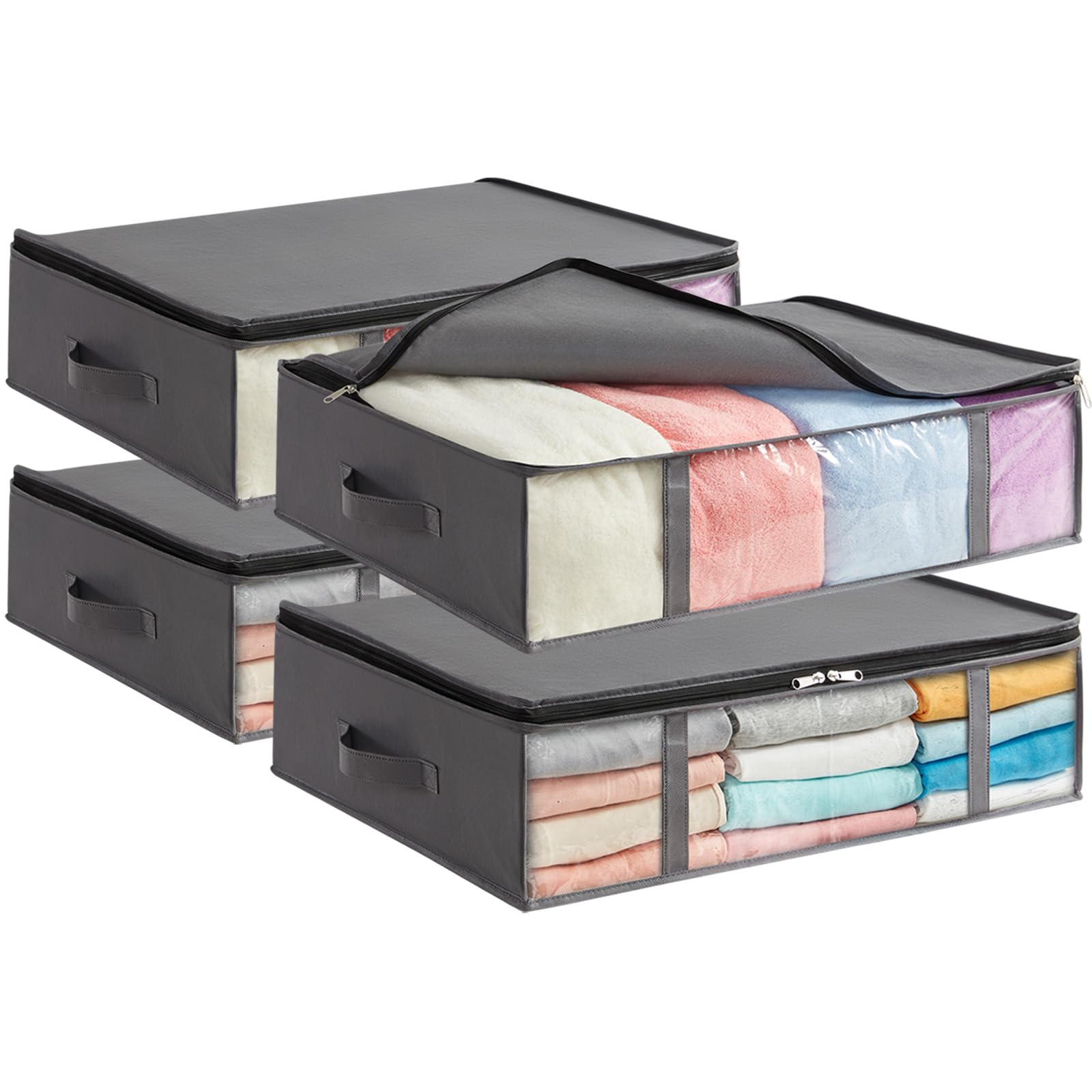 Lifewit 40L Contenitori Sottoletto Confezione da 4, Scatole Pieghevoli Portavestiti con Finestra Frontale Trasparente, Organizer per Armadi e Contenitori per Asciugamani, Vestiti, Coperte, Grigio