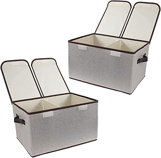 Foldable Fabric Storage Box with Double-Lid & Dividers, Large Organizer for Home, Closet, Office (Grey, 2 Packs)